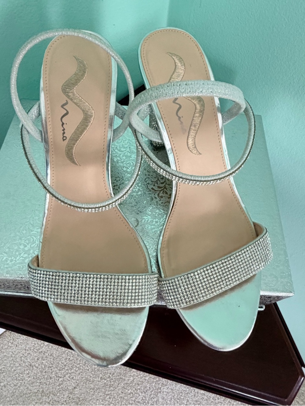 Nina Silver Crystal Strap Open-Toe Heels
